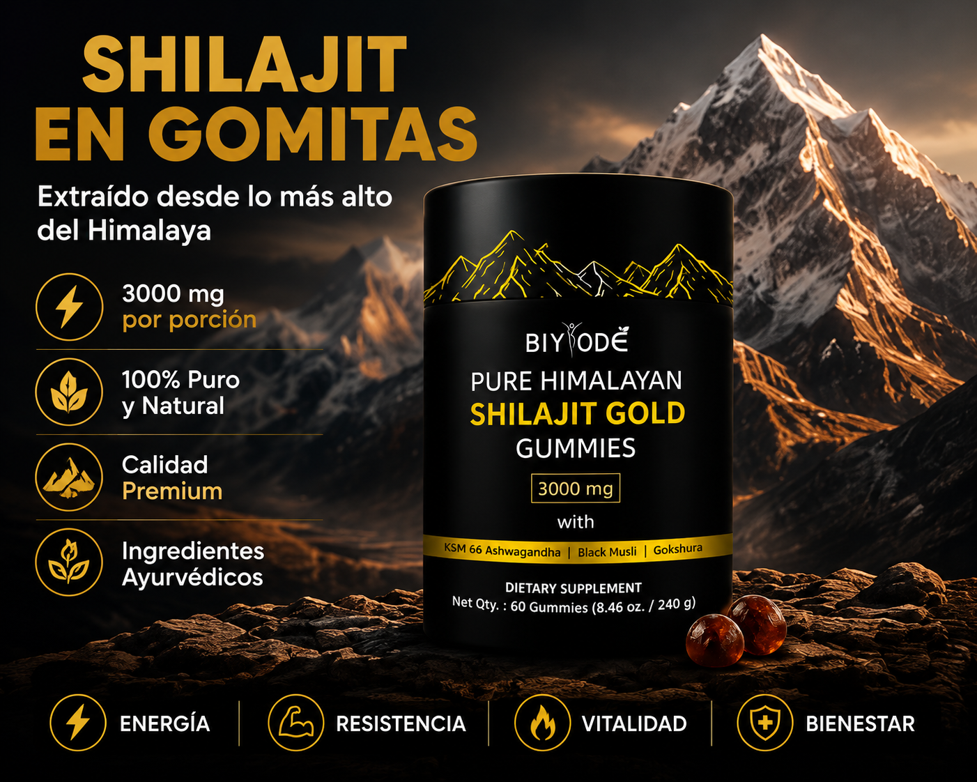🏔️ Shilajit Gold Gummies 3000mg – Energía, Fuerza y Vitalidad Natural | 60 Gomitas