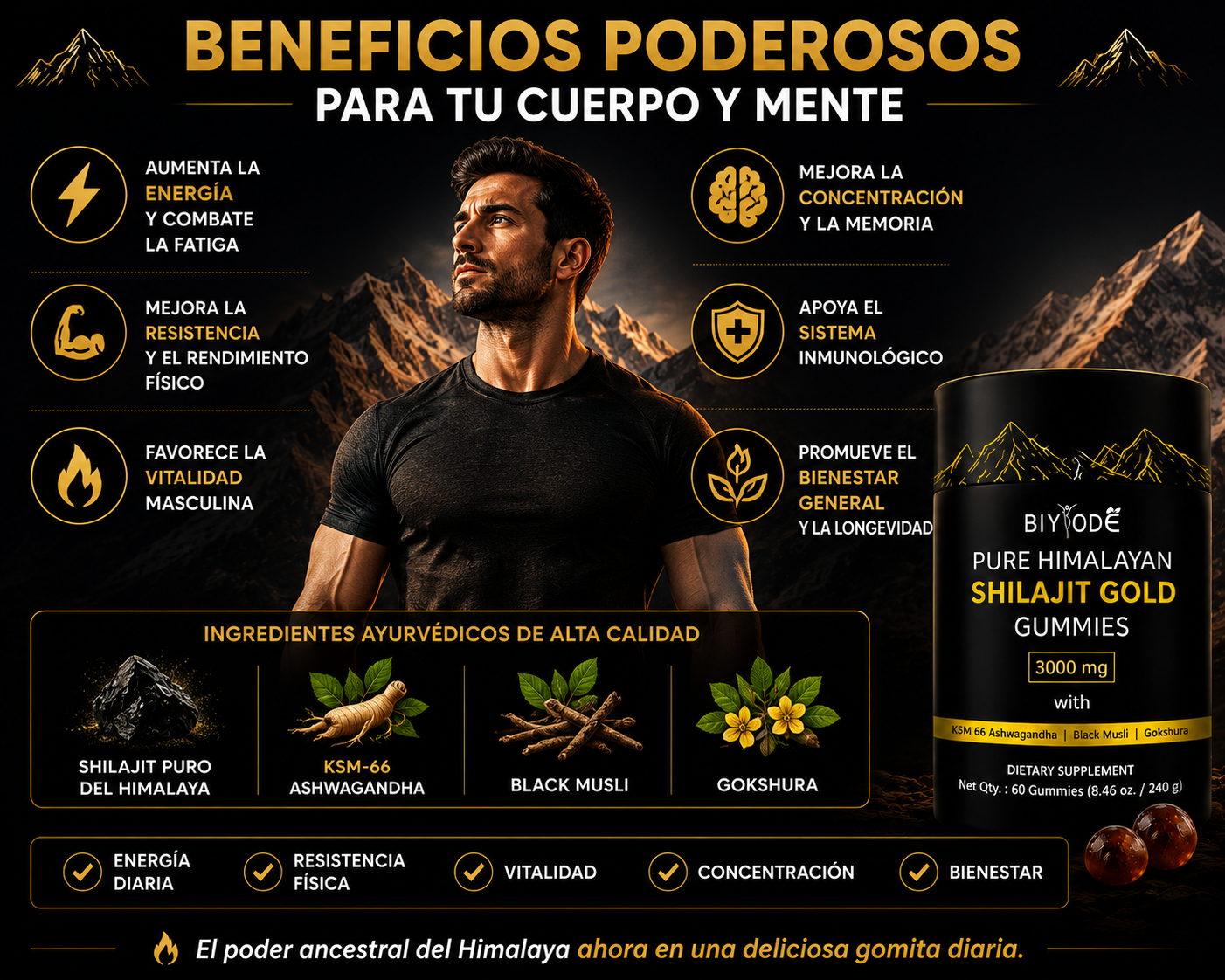 🏔️ Shilajit Gold Gummies 3000mg – Energía, Fuerza y Vitalidad Natural | 60 Gomitas