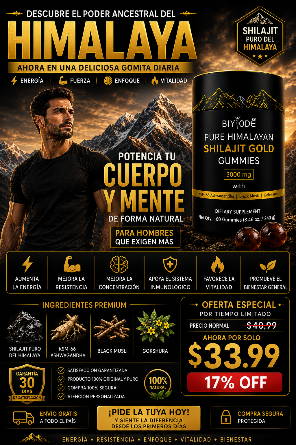 🏔️ Shilajit Gold Gummies 3000mg – Energía, Fuerza y Vitalidad Natural | 60 Gomitas